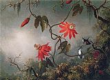Martin Johnson Heade Famous Paintings - Passion Flowers and Hummingbirds
